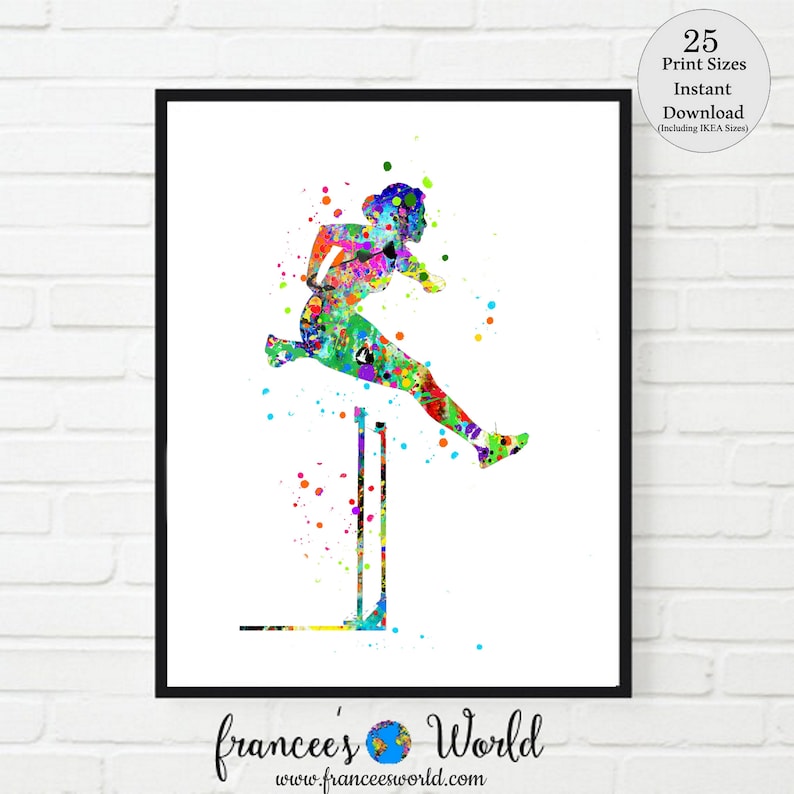 May include: A colorful watercolor painting of a person jumping over a hurdle. The painting is done in a variety of colors, including red, orange, yellow, green, blue, and purple. The person is in mid-air, and the hurdle is in the foreground. The background is white.