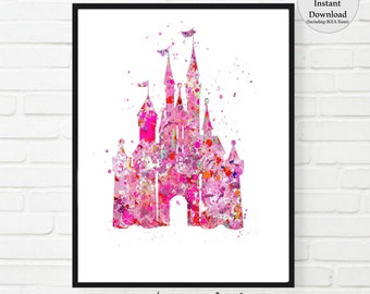 Pink Princess Castle Watercolor Art, Girls Room Decor (Digital Art)