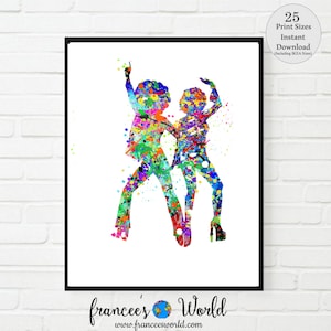 Afro Print, African American disco afro, Black woman and man disco dancing, Watercolor, PRINTABLE, Black woman, black hair, soul train