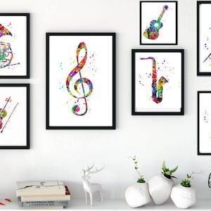 Musical room instruments Print, Set of 10, musical decor, saxophone, french horn, tuba, trumpet piano, drums, guitar, clarinet, Printable