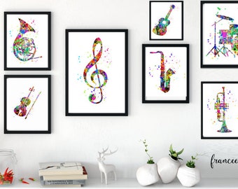 Musical room instruments Print, Set of 10, musical decor, saxophone, french horn, tuba, trumpet piano, drums, guitar, clarinet, Printable