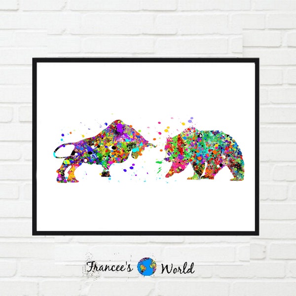 Bull and Bear  Print, Bull vs Bear Watercolor, PRINTABLE, Office ART, Stock Market Exchange Bull vs. Bear, Wall Street art, stock trader