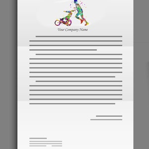 May include: A colorful abstract illustration of a person running with a child on a tricycle. The text "Your Company Name" is below the illustration.