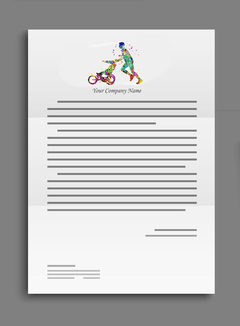 May include: A colorful abstract illustration of a person running with a child on a tricycle. The text "Your Company Name" is below the illustration.