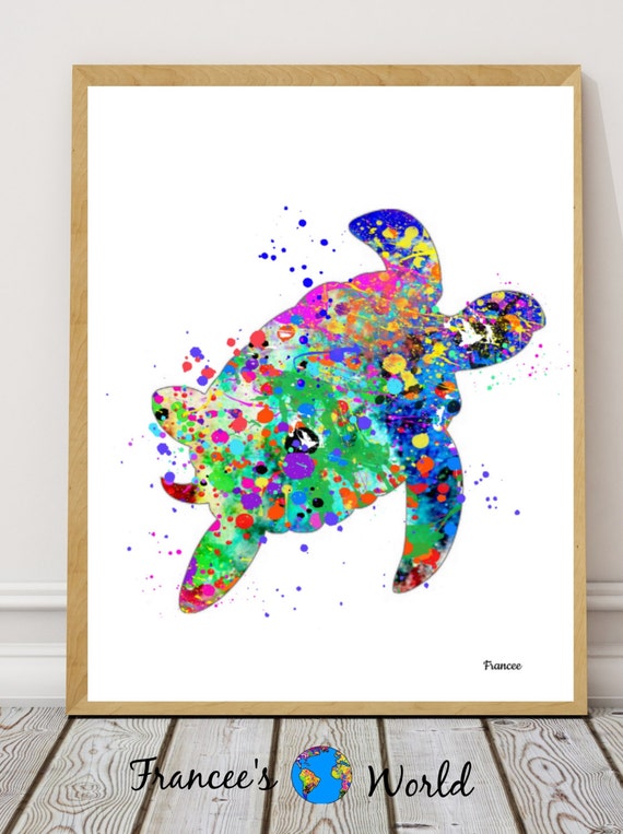 ウミガメの水彩画アートプリント：カラフルな動物のイラスト（デジタル