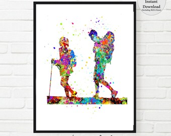 Hikers print male and female hiker watercolor man hiker woman hiker backpack hiking PRINTABLE hiker gift backpacker gift wall art room decor