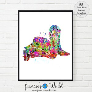 Cowboy Print, cowgirl art, cowboy hat, PRINTABLE, cowboy boots cowboy decor watercolor, cowgirl art cowboy gift, colorful bootsDorm art