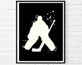 Ice Hockey Goalie Art Print, Black and White Sport Decor (Digital Download)