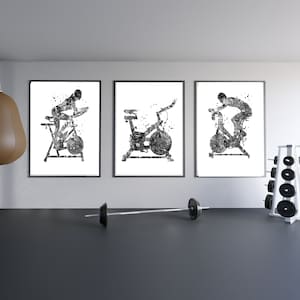 Exercise Bike print black and white stationary bike Printable set of 3 work out art gym art Indoor bike man woman  bike home gym artDorm art