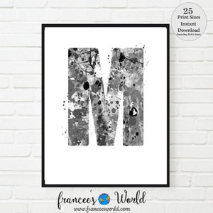 Letter M Black and White art, Letter M Print, Letter M art, PRINTABLE, Letter M Watercolor, Letter M Nursery, Letter M Monogram, Initial M