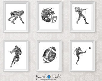 Football Print football player Black and white PRINTABLE Quarterback running back defensive back wide receiver art, boys room set of 6 sport