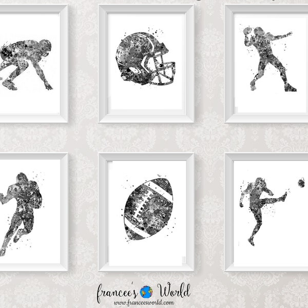 Football Print football player Black and white PRINTABLE Quarterback running back defensive back wide receiver art, boys room set of 6 sport