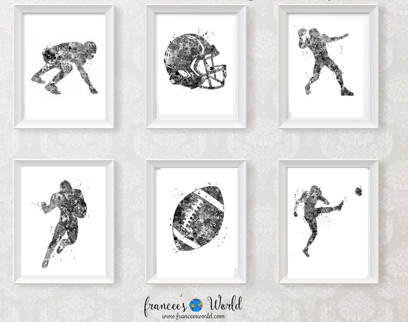 May include: Set of six black and white watercolor illustrations of football players and equipment. The illustrations are framed in white frames and displayed on a white background with a floral pattern.