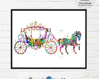 Horse and Carriage Print, horse and carriage watercolor, Printable art, Princess room decor, princess decor, princess carriage, girls room