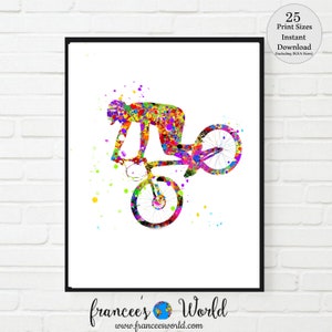 Trial Cyclist Bike Printable, BMX, Motorbike Watercolor, Mountain Bike boy room art, Trial Cycle gift ,Sport Bike Stunt Racing