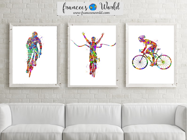 May include: Three framed watercolor paintings of cyclists. The first shows a cyclist riding a bike, the second shows a cyclist crossing a finish line, and the third shows a cyclist riding a bike.