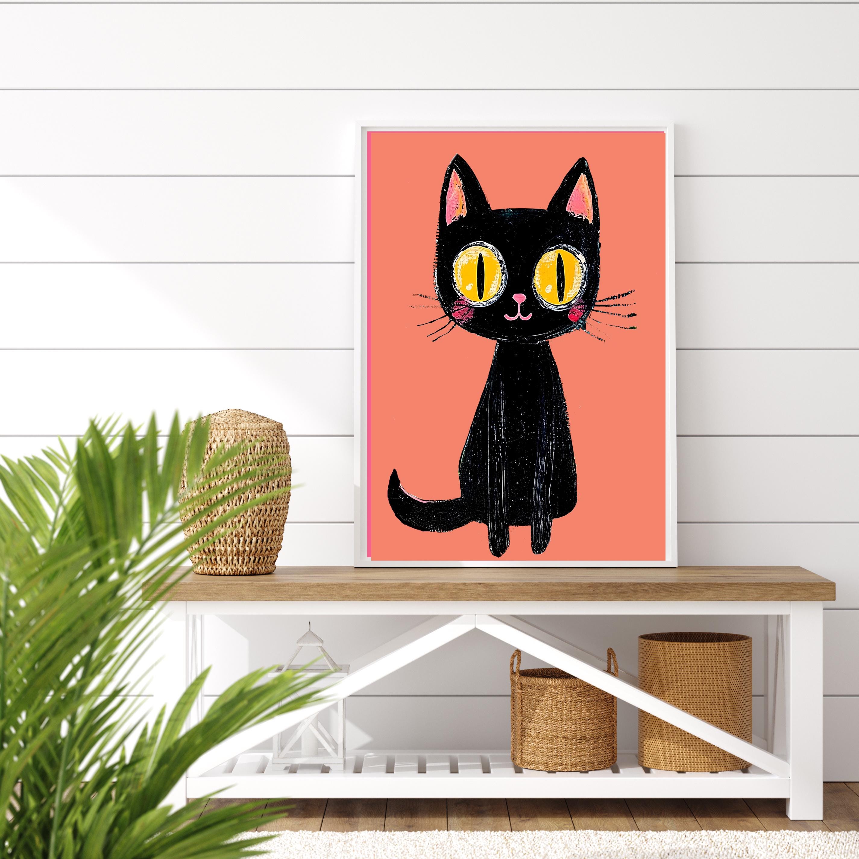 黒猫の水彩画：オレンジ色の部屋の寮の装飾（デジタルダウンロード