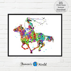 May include: A framed watercolour print depicting a cowboy on horseback, created in a colourful splatter effect. The image shows a cowboy with a lasso, and the horse is in full stride. The print includes the text "25 Print Sizes Instant Download".