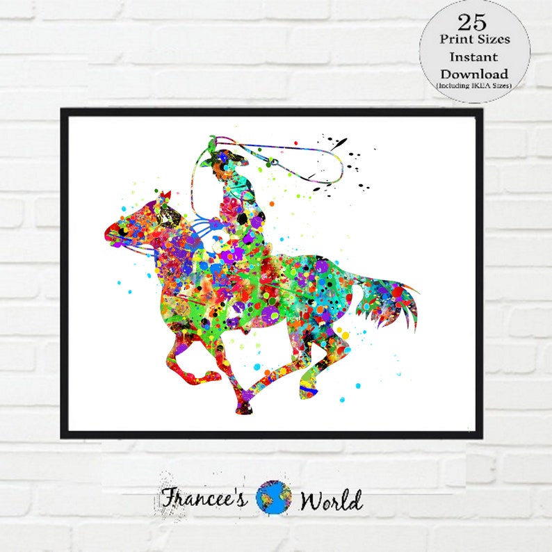 May include: A framed watercolour print depicting a cowboy on horseback, created in a colourful splatter effect. The image shows a cowboy with a lasso, and the horse is in full stride. The print includes the text "25 Print Sizes Instant Download".