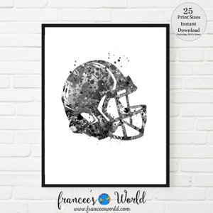 May include: Black and white watercolor painting of a football helmet. The helmet is painted in a splatter style with black and white paint.
