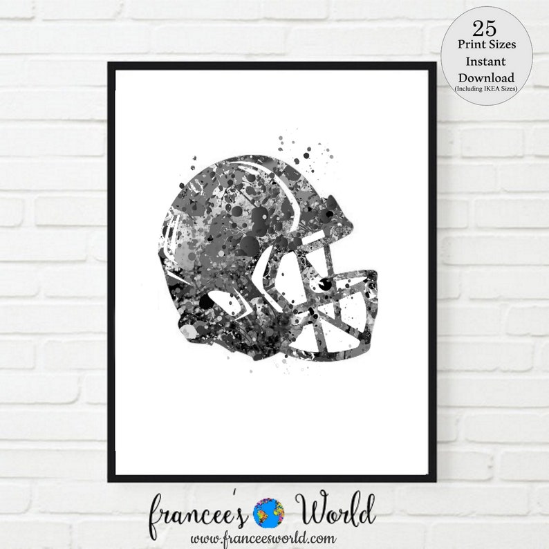 May include: Black and white watercolor painting of a football helmet. The helmet is painted in a splatter style with black and white paint.