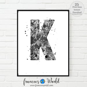 Letter k Decor, Letter k Print, Letter poster, PRINTABLE, Letter K Watercolor, black and white, K Nursery, K Monogram, Letter K, Initial K