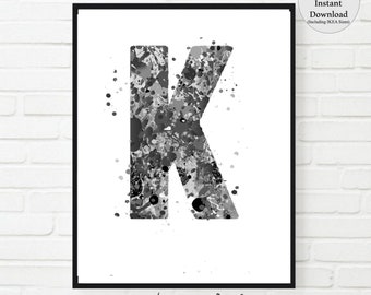 Letter K Watercolor Print, Black and White Monogram (Digital Download)