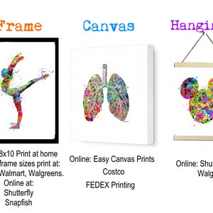 May include: Three different ways to display artwork: a framed print of a colorful dancer, a canvas print of a colorful anatomical illustration of lungs, and a hanging print of a colorful Mickey Mouse head.