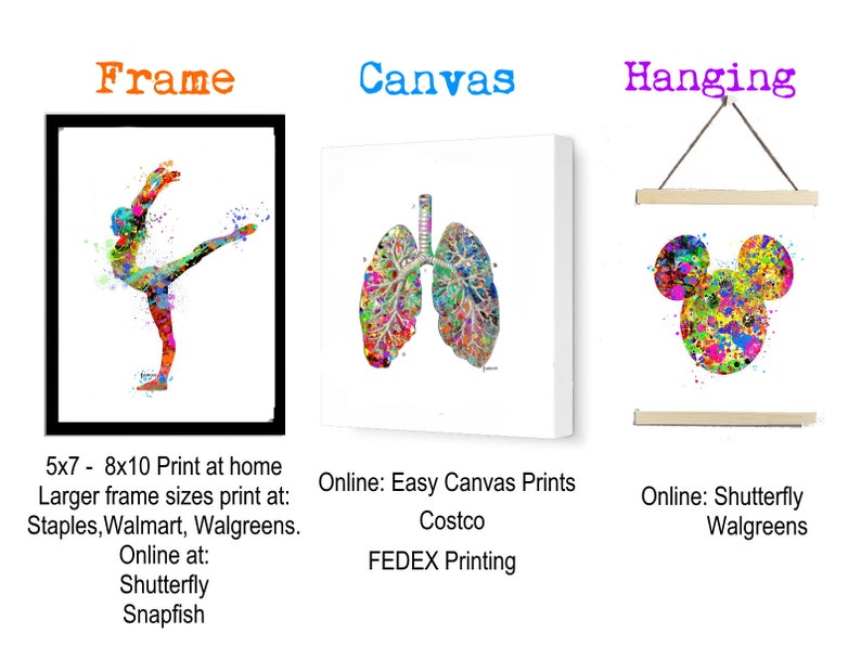 May include: Three different ways to display artwork: a framed print of a colorful dancer, a canvas print of a colorful anatomical illustration of lungs, and a hanging print of a colorful Mickey Mouse head.
