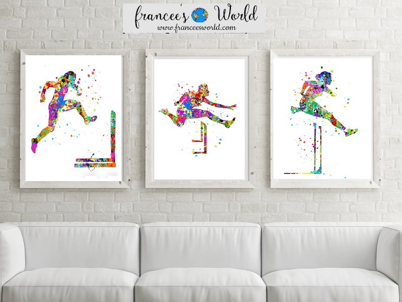 May include: Three watercolor paintings of athletes jumping over hurdles. The paintings are in a colorful, abstract style. The athletes are silhouetted in black and the hurdles are in various colors.