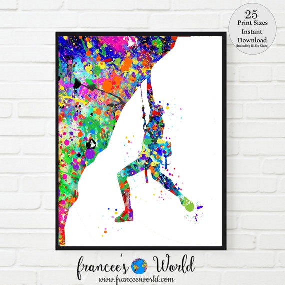 Rock climber print, Rock climber poster, PRINTABLE, Cliff hanger, cliff climber art, climber, mountain climber wall decor, watercolor Il_570xn
