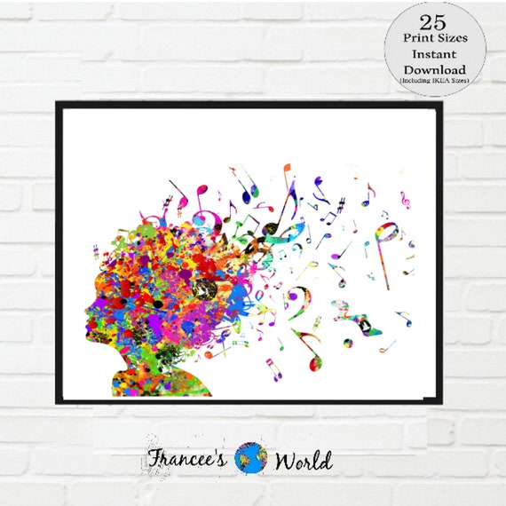 Music print, musical wall art,Printable musical hair, music watercolor,music room art, wall art, music note printable, musician gift, woman Il_570xn