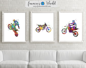 Motocross Print Dirt Bike Printable, Set of 3 Watercolor Art, Boys room art, Motorcycle gift ,Sport Bike Motorbike Stunt Racing Motocross