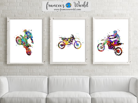 Motocross Print Dirt Bike Printable, Set of 3 Watercolor Art, Boys room art, Motorcycle gift ,Sport Bike Motorbike Stunt Racing Motocross Il_570xn