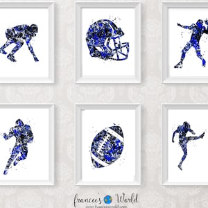 Football Print football player Black and Blue PRINTABLE Quarterback running back defensive back wide receiver art, boys room set of 6 sport
