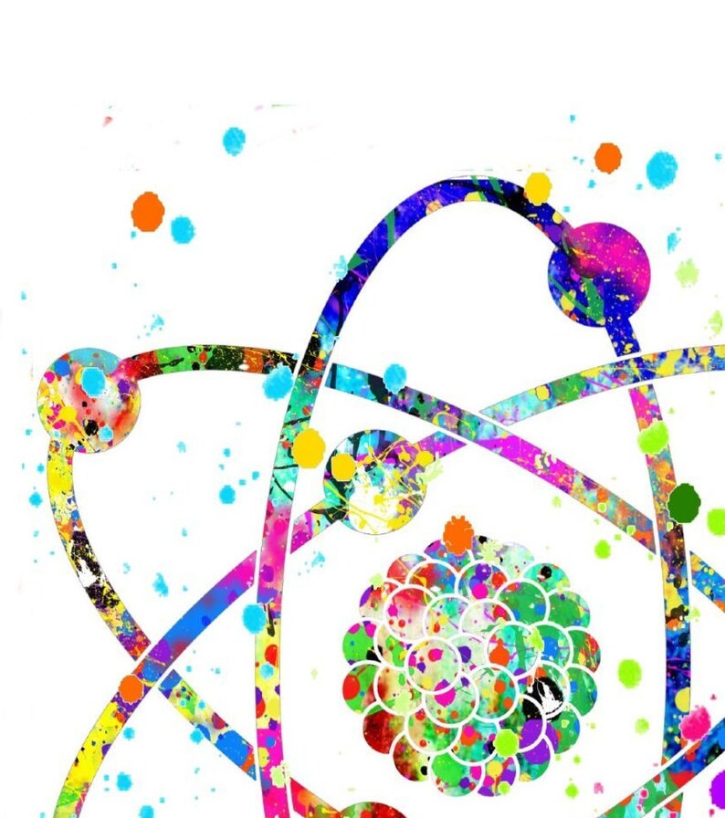 K&ouml;nnte beinhalten: Abstrakte Atom-Illustration mit bunten Farbspritzern und einem zentralen Kern. Das Atom wird mit drei umlaufenden Elektronen dargestellt, die jeweils durch eine farbige Linie repr&auml;sentiert werden.