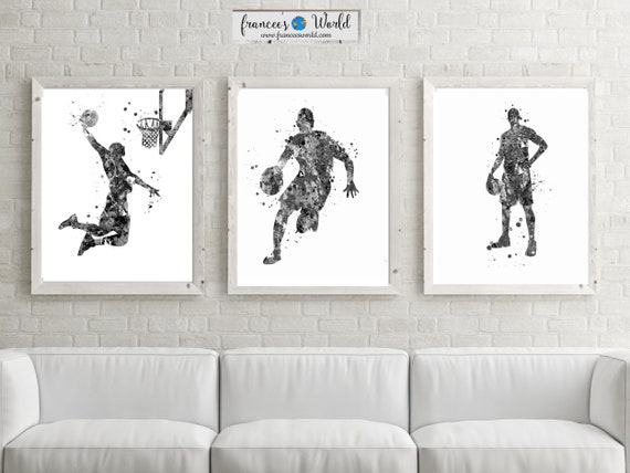 Basketball Black and White Print Art, Boy Basketball Poster, Set of 3  Basketball Watercolor, Basketball Wall Art, Printable Boy Room Decor 