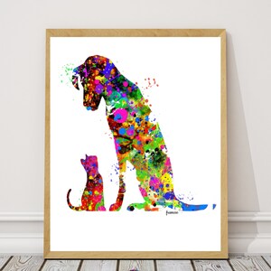 Dog and Cat  Watercolor Art Print Dorm Decor Home Decor  Instant Download Printable Digital Dog Art Cat Art Dog and Cat love animal art