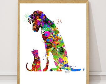 Dog and Cat  Watercolor Art Print Dorm Decor Home Decor  Instant Download Printable Digital Dog Art Cat Art Dog and Cat love animal art