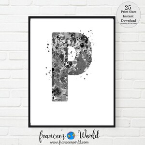 Decoración de dormitorio con la letra P, impresión con la letra P, blanco y negro, IMPRIMIBLE, acuarela con la letra P, guardería con la letra P, monograma P, letra P, inicial P