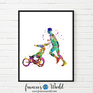 May include: A watercolor painting of a person running with a child in a stroller. The painting is done in a variety of colors, including pink, blue, green, and yellow. The painting is set against a white background.