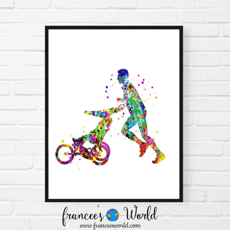 May include: A watercolor painting of a person running with a child in a stroller. The painting is done in a variety of colors, including pink, blue, green, and yellow. The painting is set against a white background.