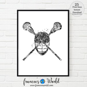 May include: Black and white watercolor painting of a lacrosse stick and helmet. The sticks are crossed and the helmet is in the center of the image. The painting is on a white background.