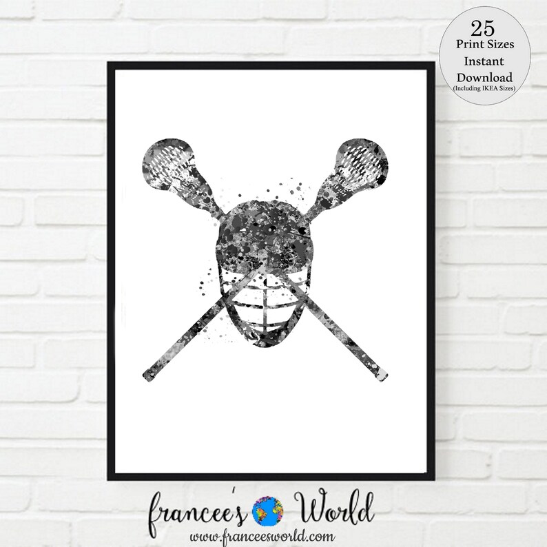 May include: Black and white watercolor painting of a lacrosse stick and helmet. The sticks are crossed and the helmet is in the center of the image. The painting is on a white background.