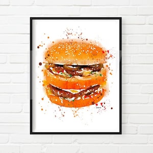 Food Art, Art PRINT, Hamburger Watercolor , Cheeseburger Art, Kitchen Decor, Dorm Art, Home Decor, Digital Print, Hamburger lover, Fun Art