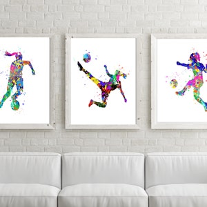 Soccer Dorm Art Soccer Gift Art, Soccer Poster,Soccer Watercolor, Girl Soccer Printable, Soccer party, Soccer Decor, Set of 3 SoccerDorm art
