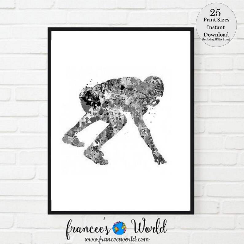 May include: Black and white watercolor painting of a football player in a running pose. The player is depicted in a dynamic, action-filled stance, with splashes of color adding a vibrant touch to the artwork.
