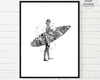 サーファーの水彩画プリント。サーフィンの壁アート。サーファーの壁