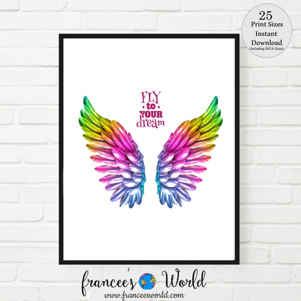 Wings Print, Colorful wings, Fly to your dreams, Wing Printable, Wing art, feathers, colorful feathers, rainbow, Angel wings, bird, wall art
