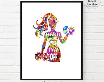 Hard Work Will Pay Off  Weight lifter bar bells hand weights Woman Watercolor Print Female Weightlifter Gift Art Wall Decor Gym Fitness